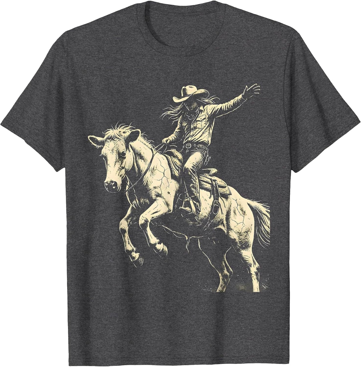 Cowgirl Bucking Bronco Rodeo Riding Graphic T-Shirt - Dark Heather Grey