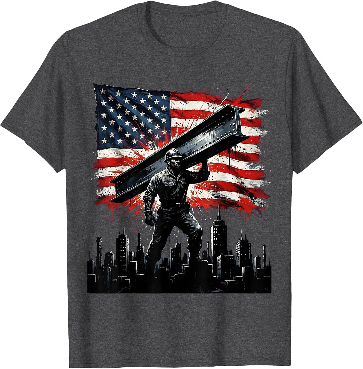Steelworker Over City Skyline America First Tee T-Shirt - Dark Heather Grey