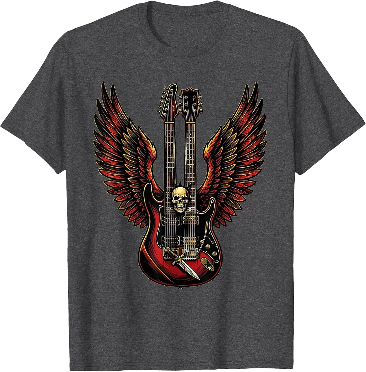 80s Rock Double-Neck Guitar With Wings Graphic T-Shirt - Dark Heather Grey