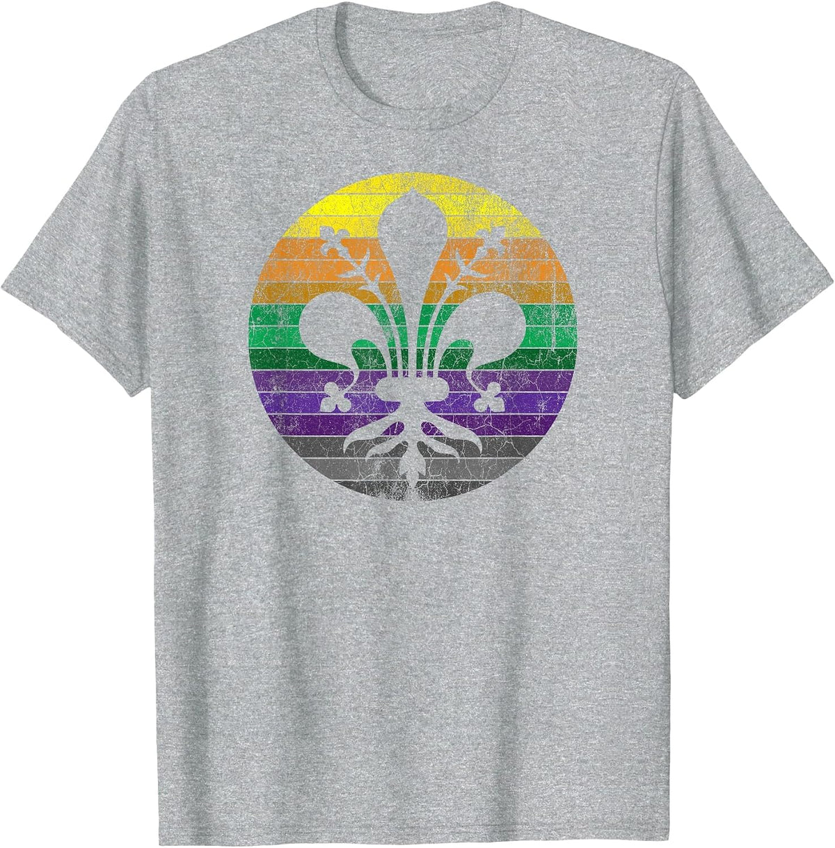 Mardi Gras Fleur de Lis - Distressed Vintage, Retro Sunset T-Shirt - Heather Grey
