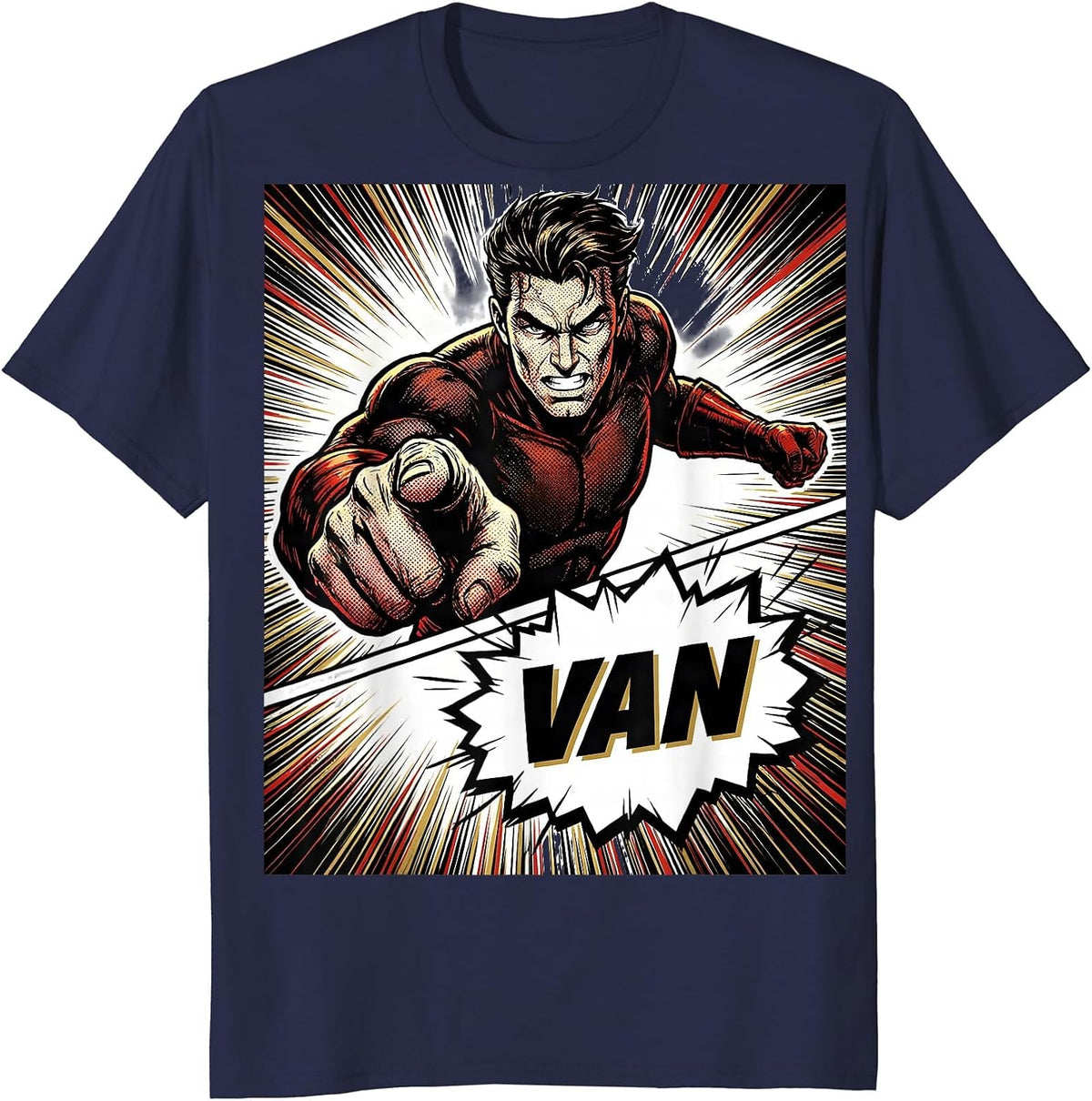 Men's VAN Comic Book Bold Typography Van Life Traveler Road Trip T-Shirt - Navy Blue
