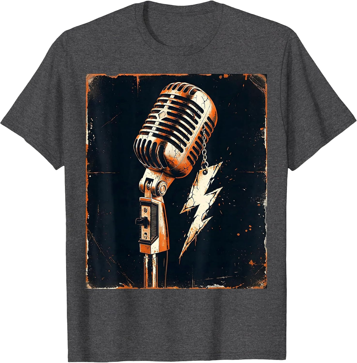 Lightning Bolt Earring Microphone Stand Band Tee T-Shirt - Dark Heather Grey