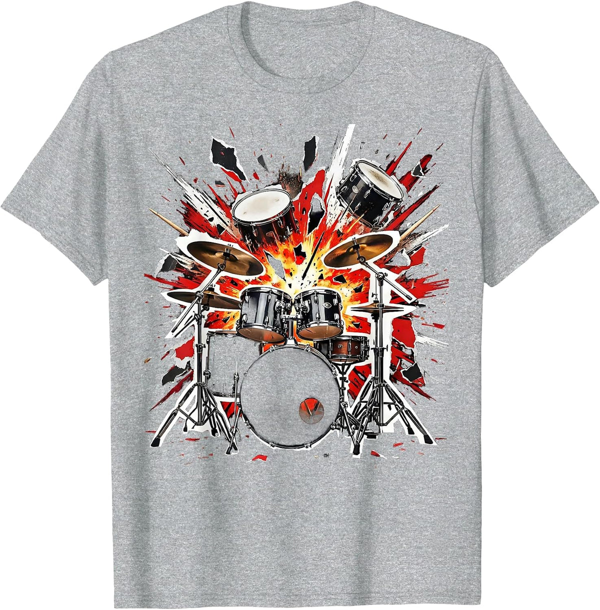 Men's Exploding Drum Kit Fragmented Percussion Art T-Shirt - Heather Grey