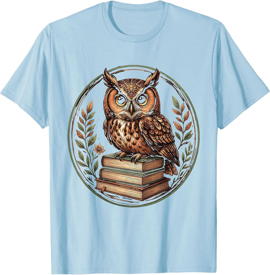 Men's 4th Grade Teacher Owl on Textbooks Illustration T-Shirt - Baby Blue