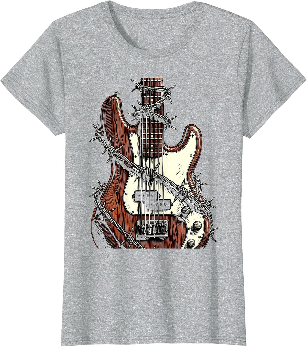 Bass Guitar Barbed Wire Rock Music Graphic T-Shirt - Heather Grey