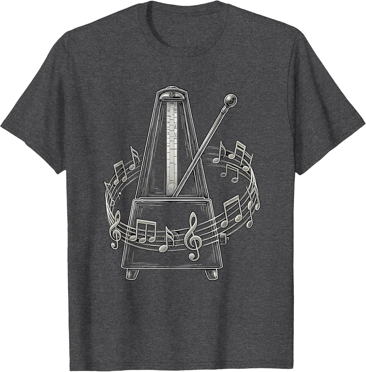 Music Teacher Metronome Musical Notes Graphic T-Shirt - Dark Heather Grey