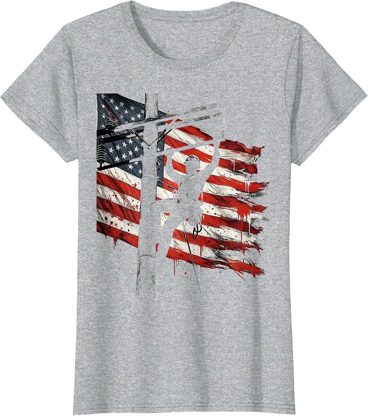 American Flag Lineman Silhouette Patriotic Design T-Shirt - Heather Grey