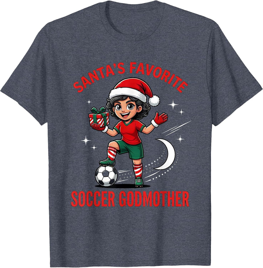 SANTA'S FAVORITE SOCCER GODMOTHER Funny Soccer Christmas T-Shirt - Heather Blue