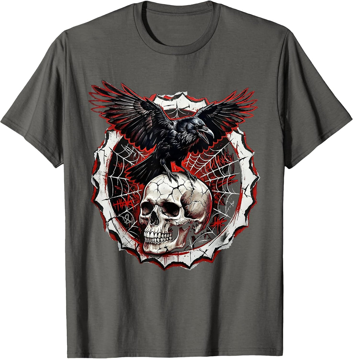 Crow Perched on Skull Dark Gothic Metal Design T-Shirt - Asphalt Grey