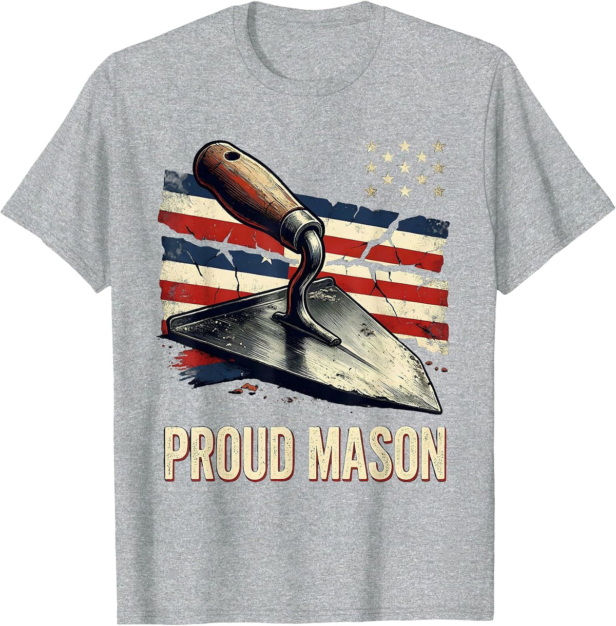 Men's Proud Mason Distressed American Flag Bricklayer T-Shirt - Heather Grey