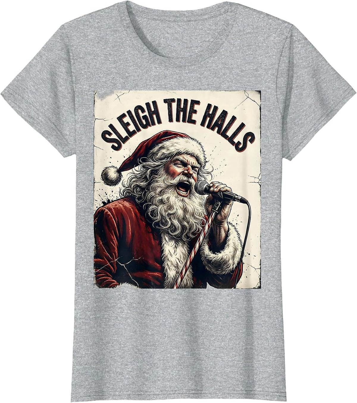 Sleigh the Halls Distressed Heavy Metal Santa Parody T-Shirt - Heather Grey
