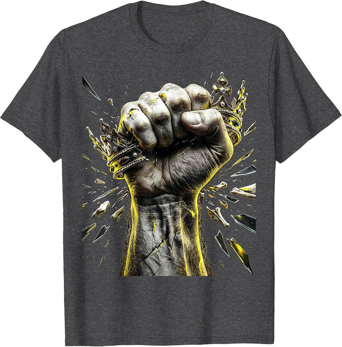 Worker's Fist Crushing Crown Labor Power Art T-Shirt - Dark Heather Grey