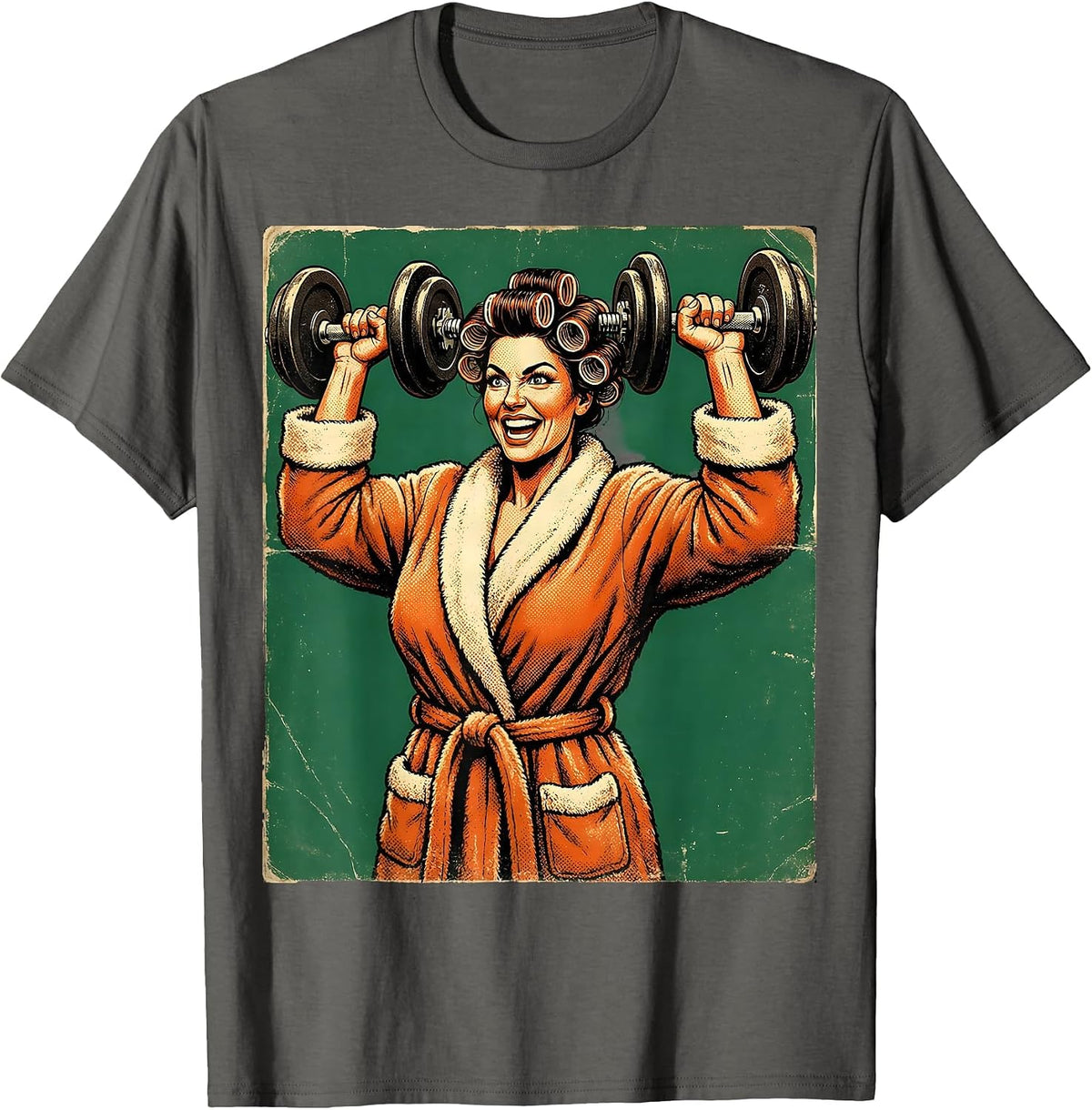 Fierce Glam Weightlifter Robe and Curlers Design T-Shirt - Asphalt Grey