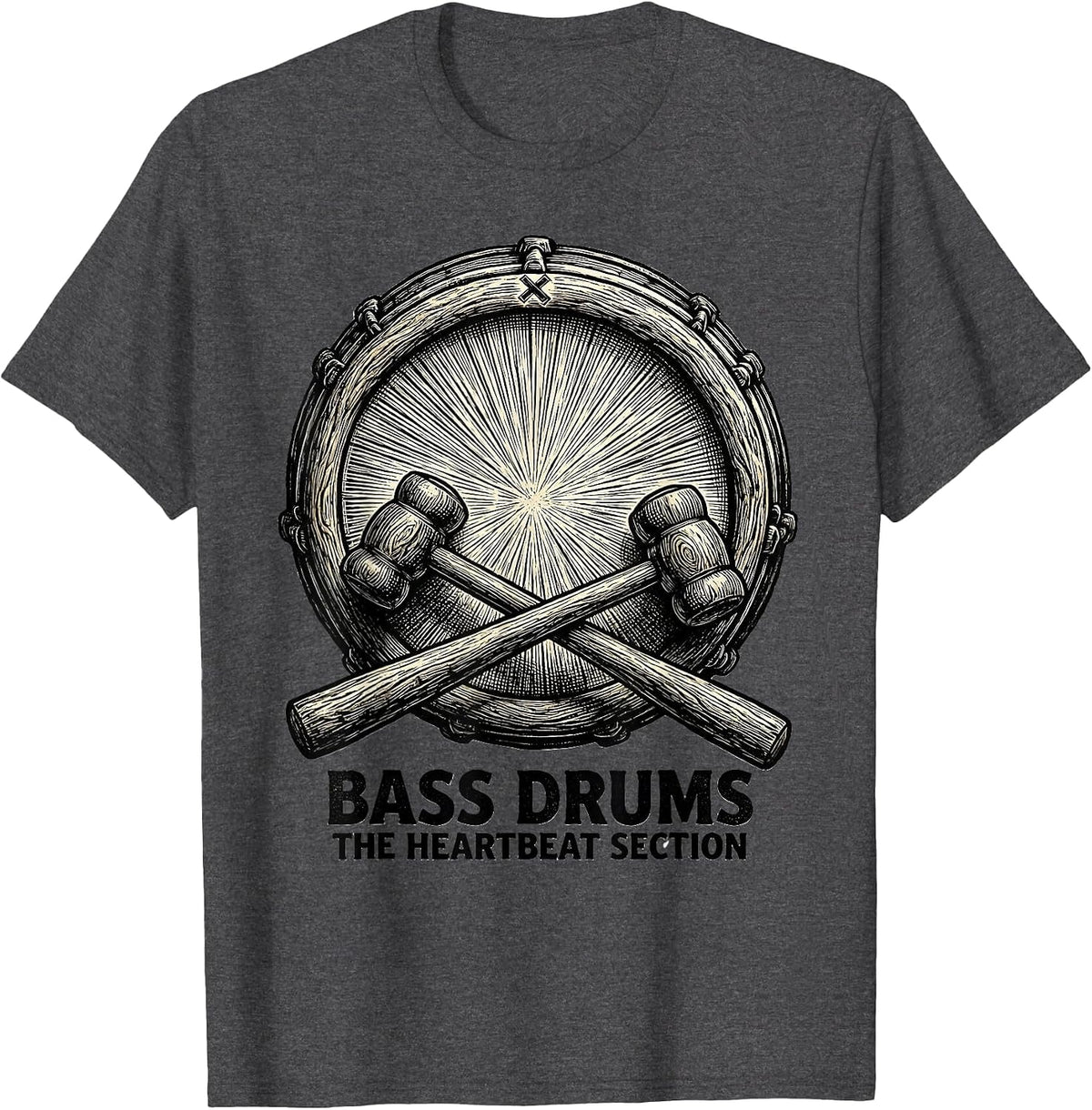 Men's BASS DRUMS: THE HEARTBEAT SECTION Drummer Percussionist T-Shirt - Dark Heather Grey