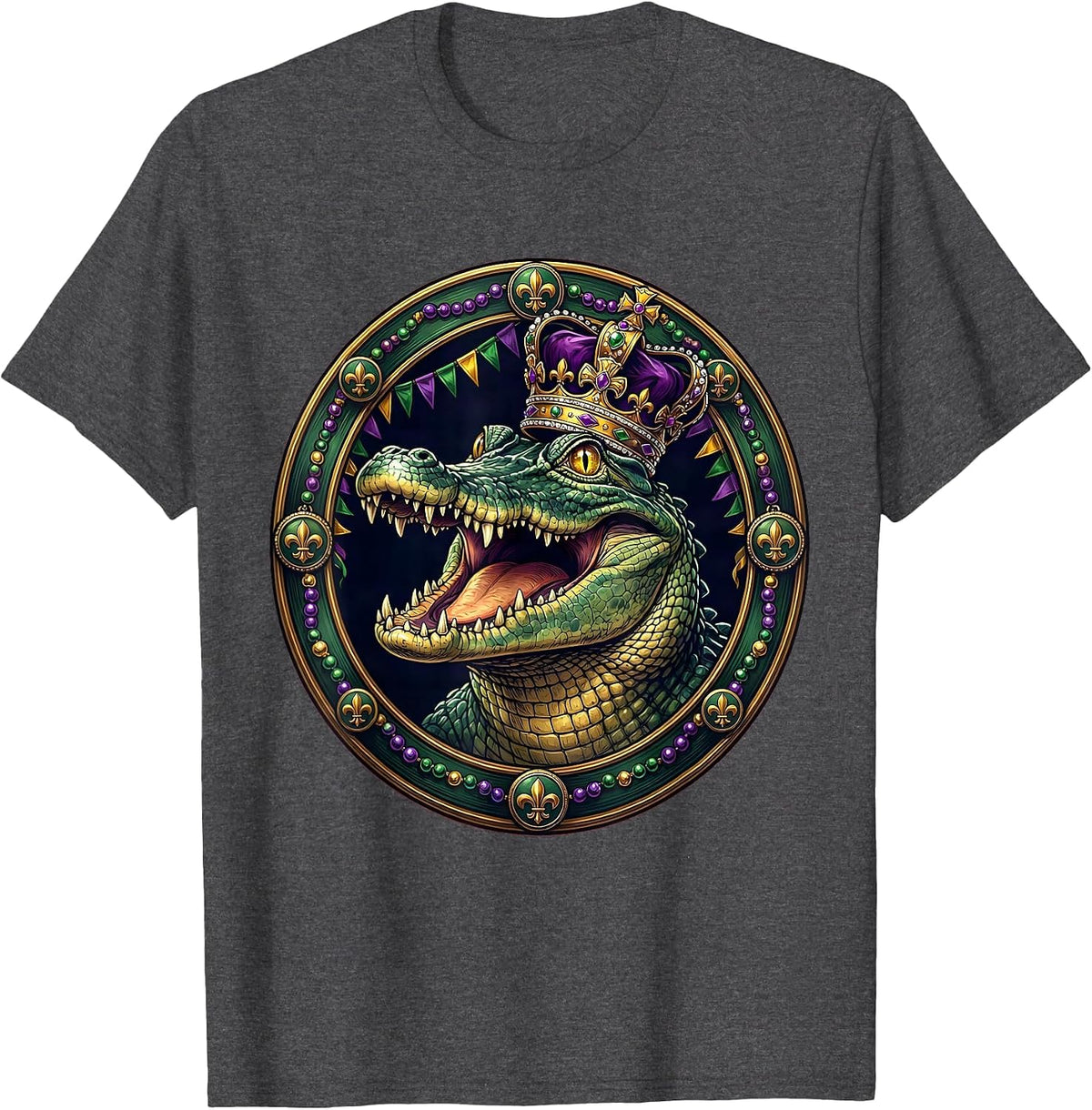 Mardi Gras Alligator Parade Crown Illustration T-Shirt - Dark Heather Grey