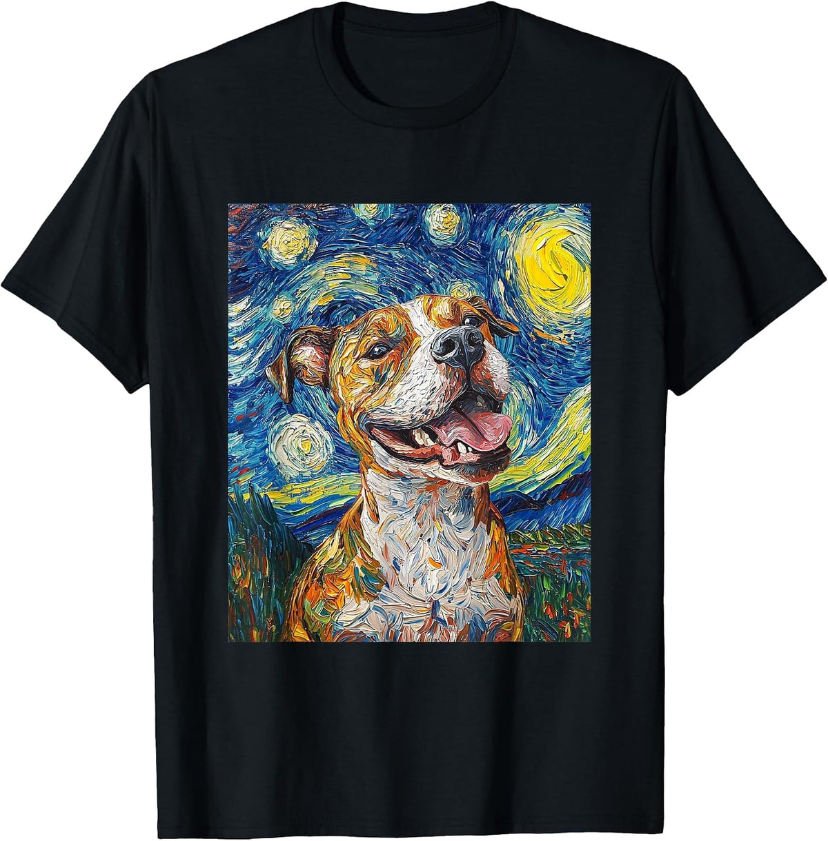Pitbull Dog Pittie Van Gogh Style Starry Night Graphic T-Shirt - Black