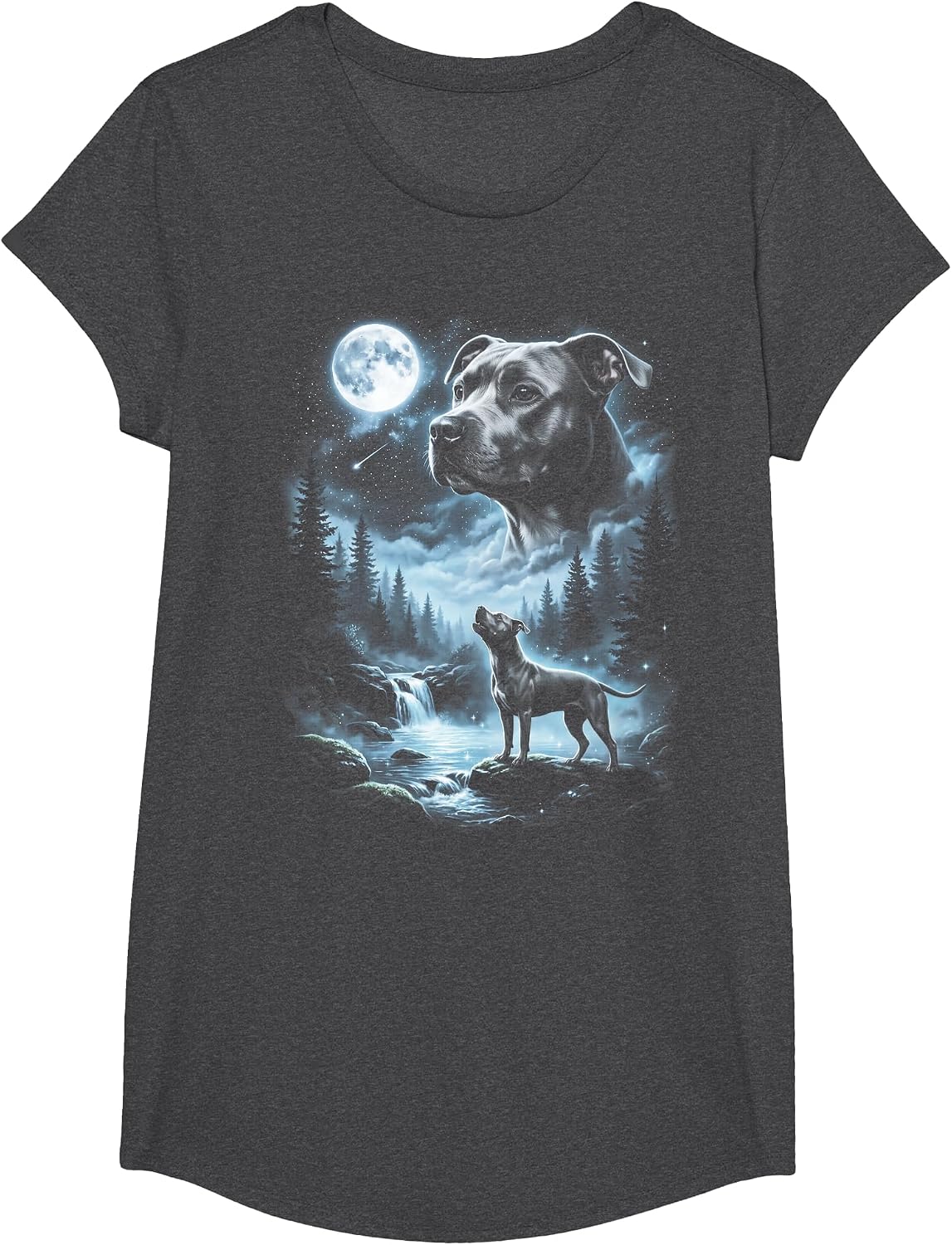 Pitbull Howling to the Moon Retro 90's Pittie Dog T-Shirt - Girls Dark Heather Grey