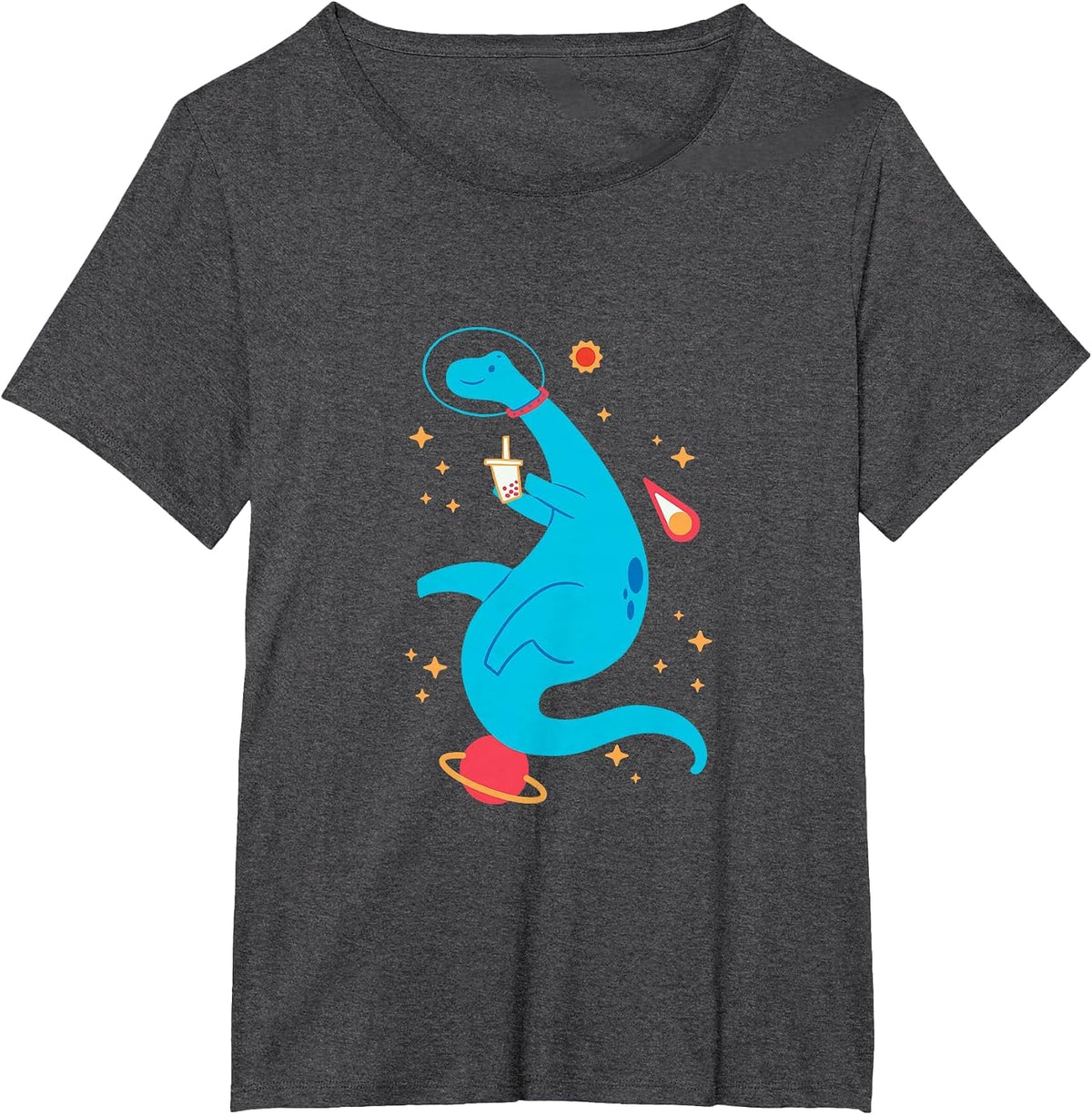Cute Brontosaurus Astronaut Space Dinosaur T-Shirt - Dark Heather Grey