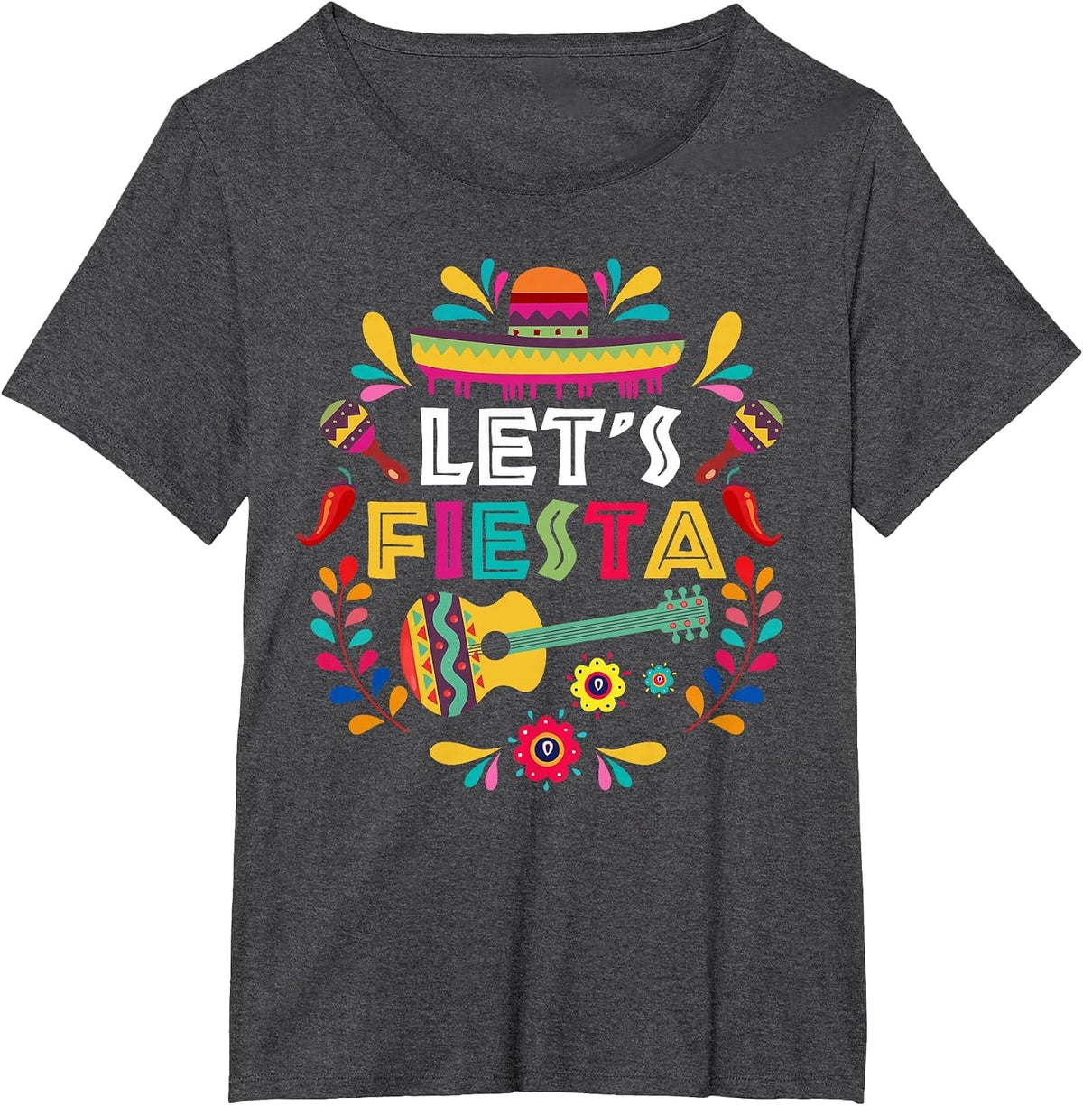 Lets Mexican Fiesta Cinco De Mayo Party Colourful Guitar Fun T-Shirt - Dark Heather Grey
