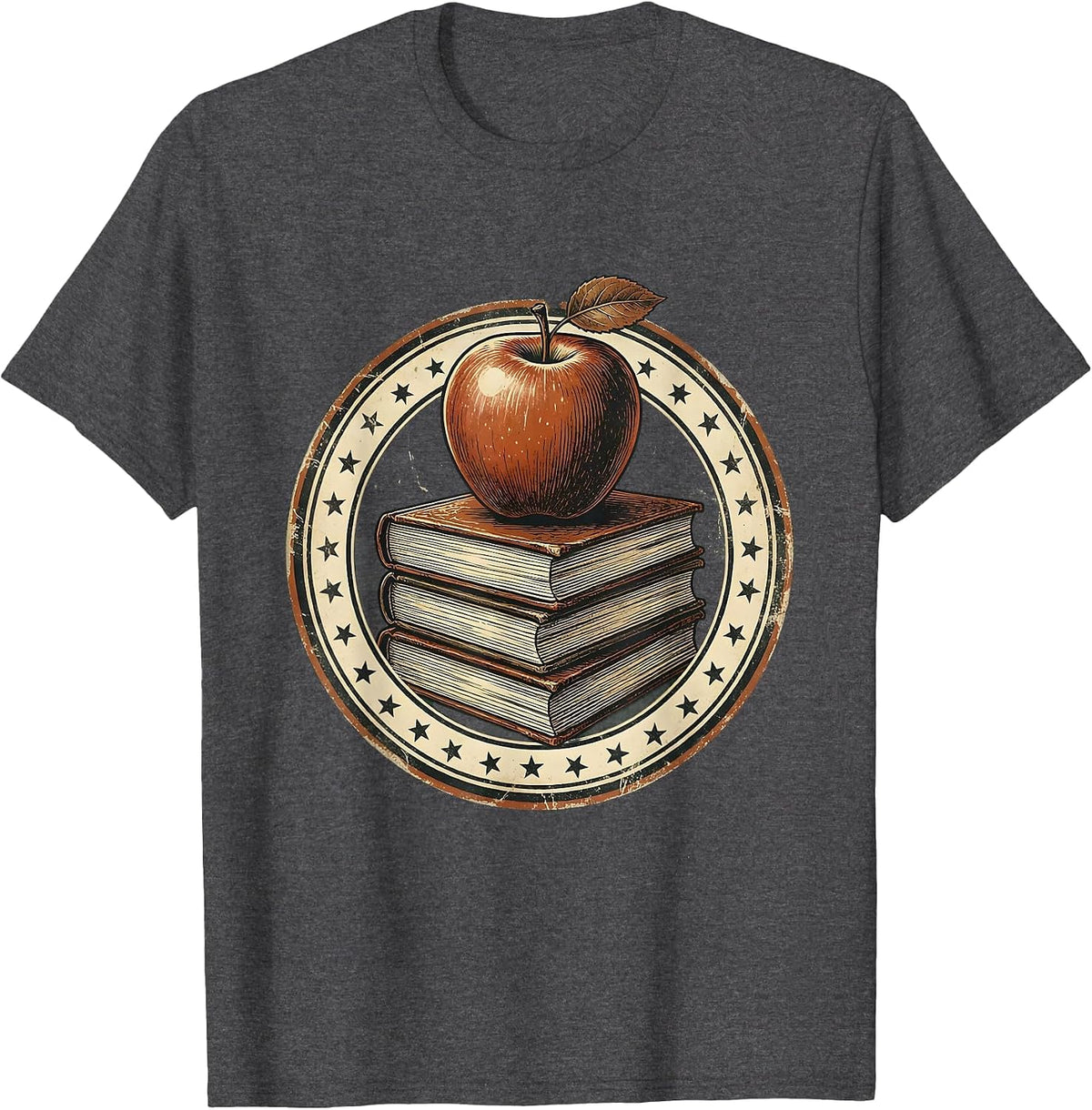 Daycare Teacher Stack of Books Apple Illustration T-Shirt - Dark Heather Grey