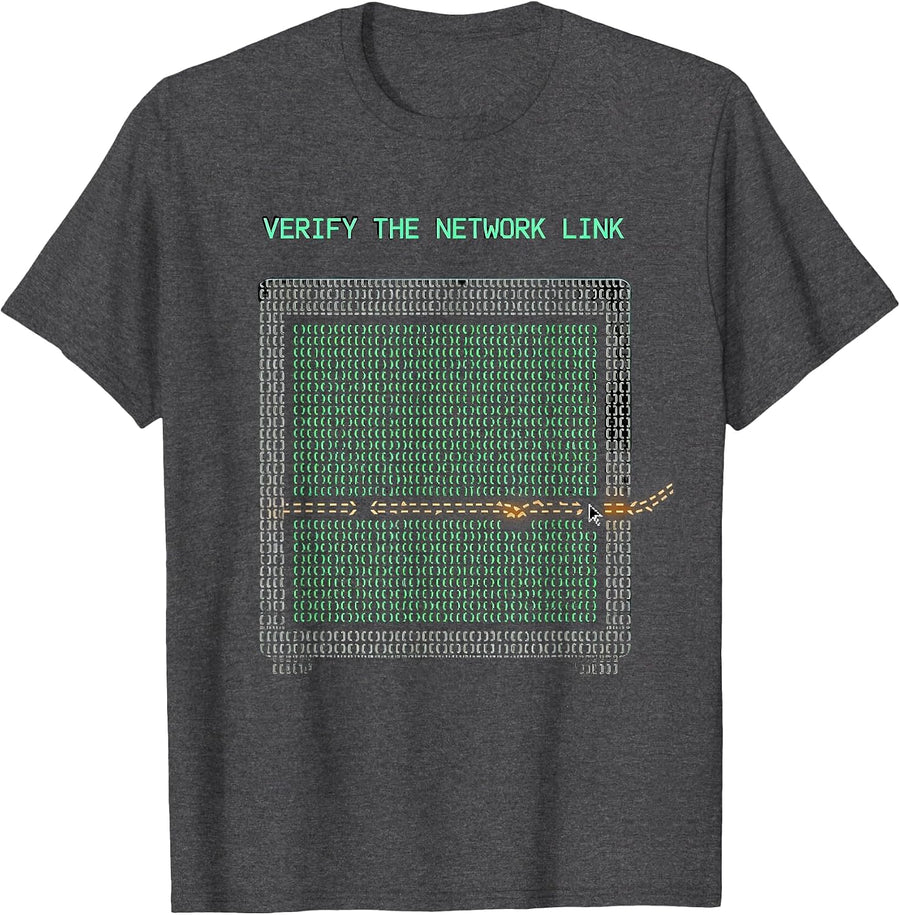 Men's Verify The Network Link Ascii Terminal Art Funny IT Tech T-Shirt - Dark Heather Grey