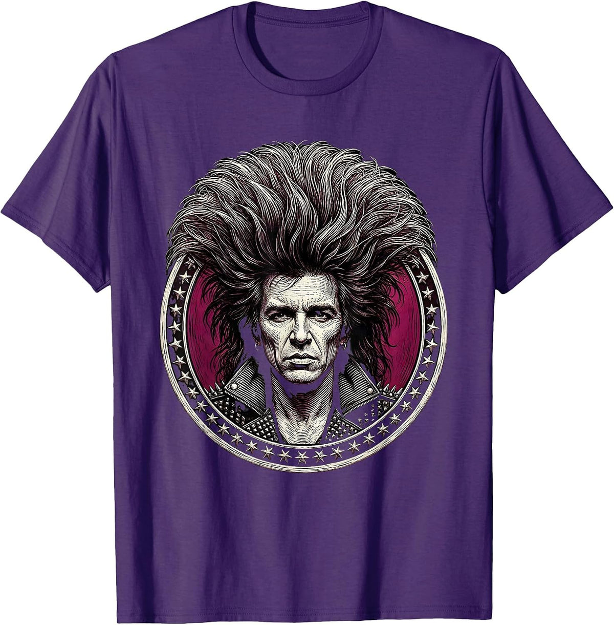 Glam Rock Singer Teased Hair 80s Band Graphic T-Shirt - Purple