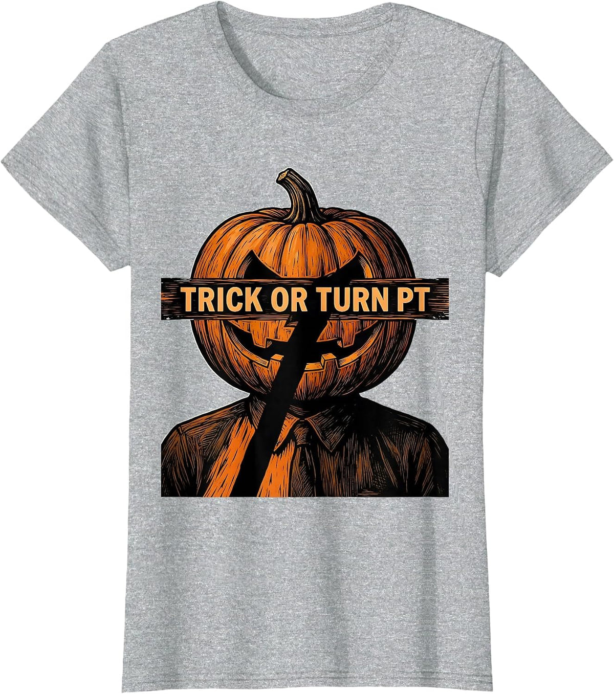 Women's Trick Or Turn PT Linocut Physical Therapy Halloween Humor T-Shirt - Heather Grey