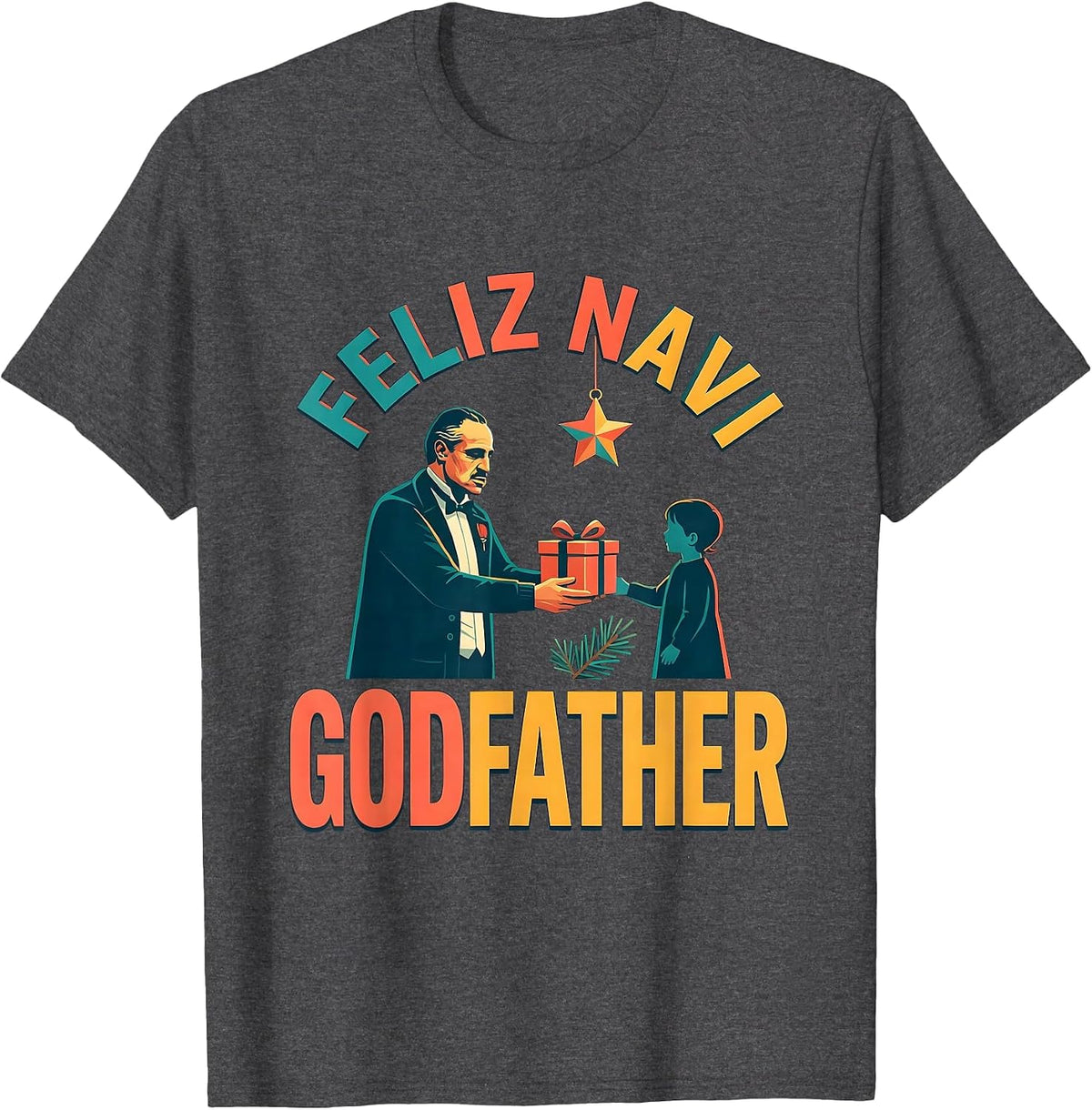 Men's Feliz Navi Godfather Funny Christmas Dad Pun Ugly Sweater T-Shirt - Dark Heather Grey