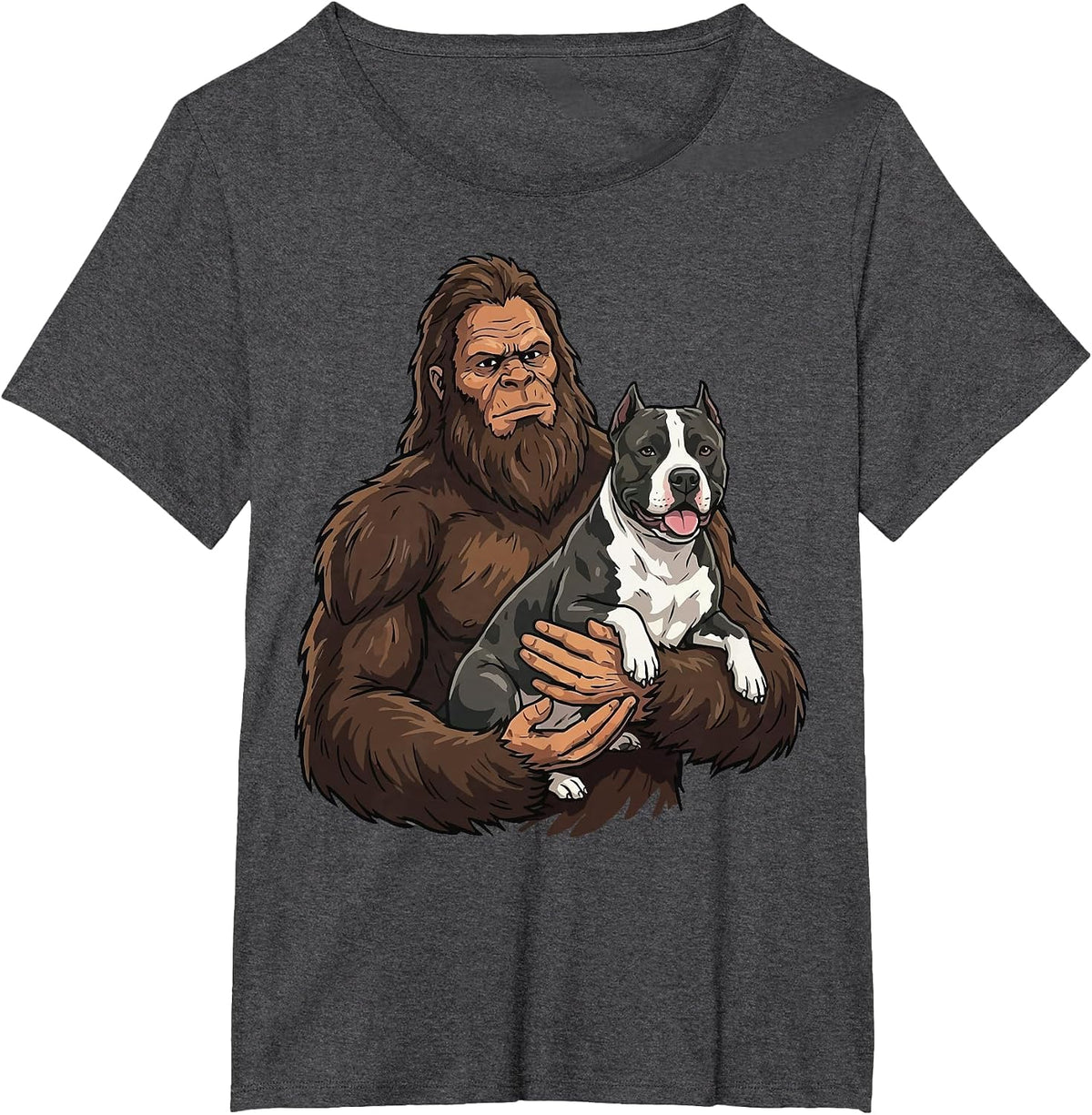 Bigfoot Holding Pitbull T-Shirt - Dark Heather Grey