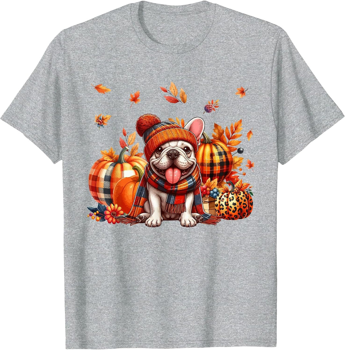 French Bulldog Thanksgiving Leopard Pumpkins Fall Leaves T-Shirt - Heather Grey