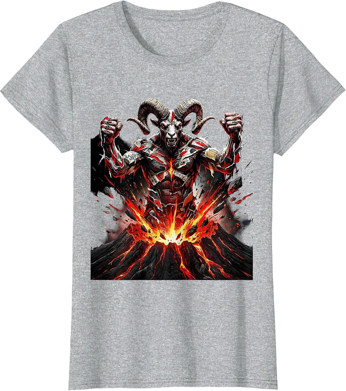 Giant Horned Volcano Demon Metal Graphic T-Shirt - Heather Grey