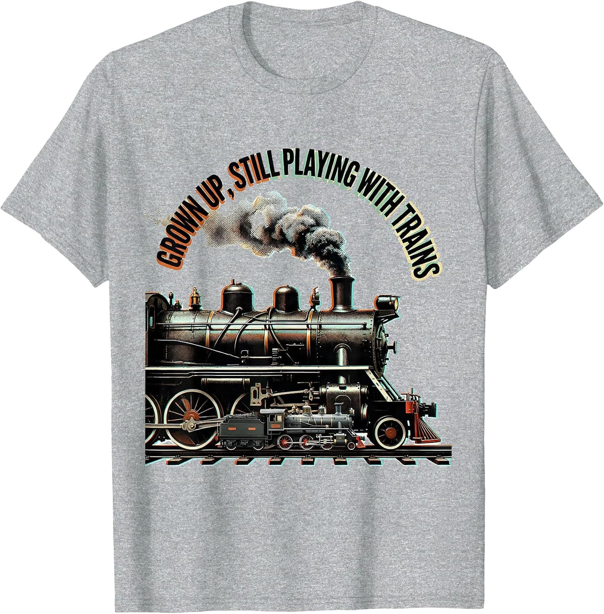 Men's Grown Up Still Playing With Trains Vintage Steam Train T-Shirt - Heather Grey