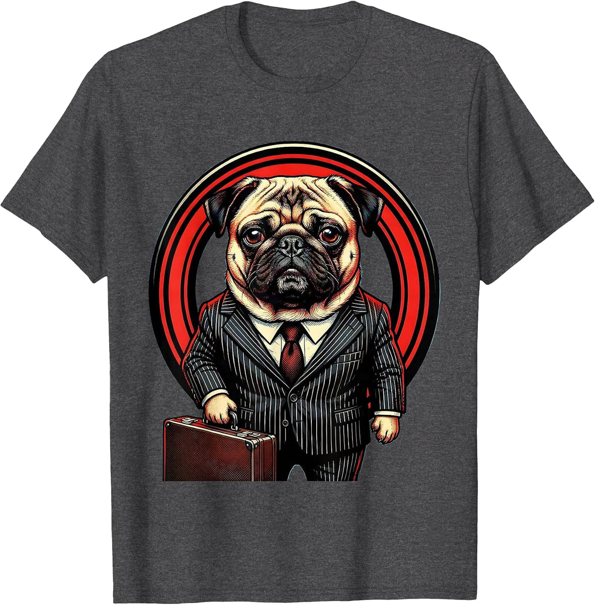 Funny Pug in Business Suit Briefcase Office Dog T-Shirt - Dark Heather Grey
