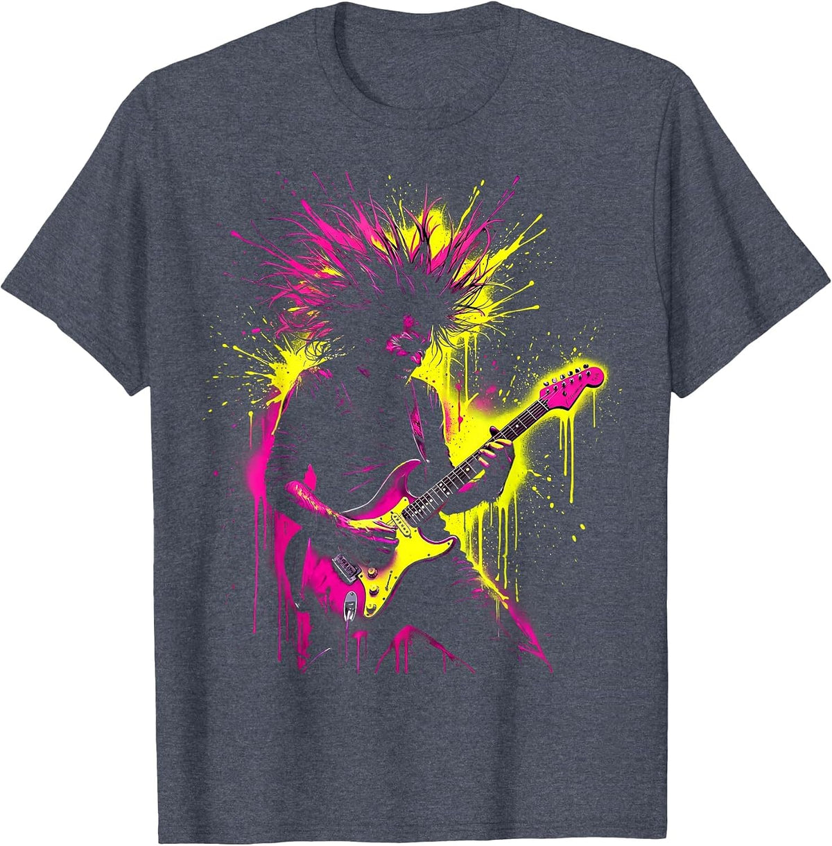 Headbanging Guitarist Wild Hair Rock Band Tee T-Shirt - Heather Blue