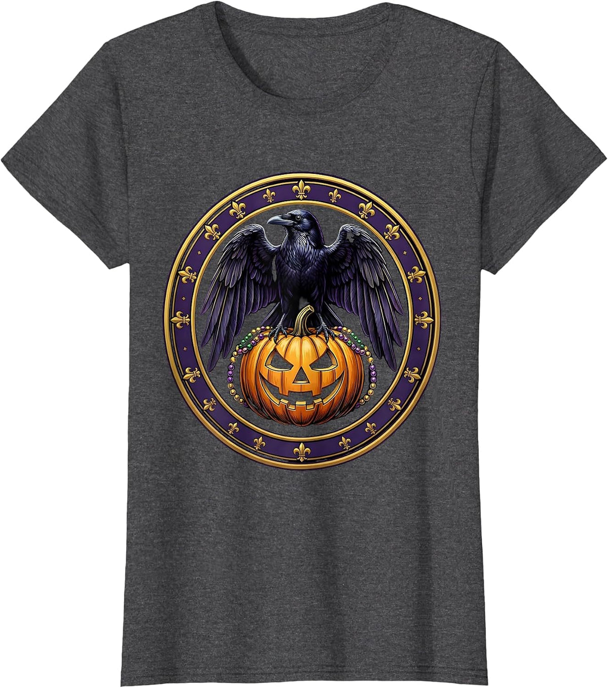 Women's Mardi Gras Crow on Glowing Jack-O-Lantern T-Shirt - Dark Heather Grey
