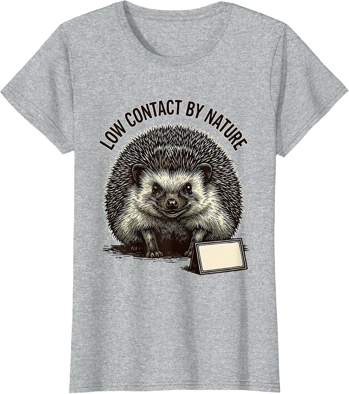 Low Contact By Nature Linocut Hedgehog Humor Gift T-Shirt - Heather Grey