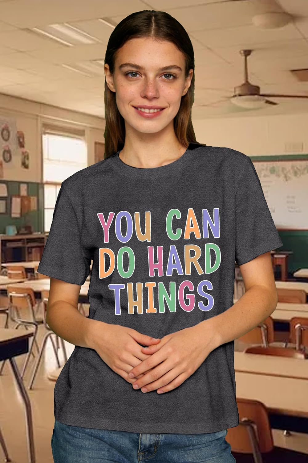 Women's Teacher Shirt You Can Do Hard Things T-Shirt Teach Teaching Inspirational Encouraging Tee Tops - size chart