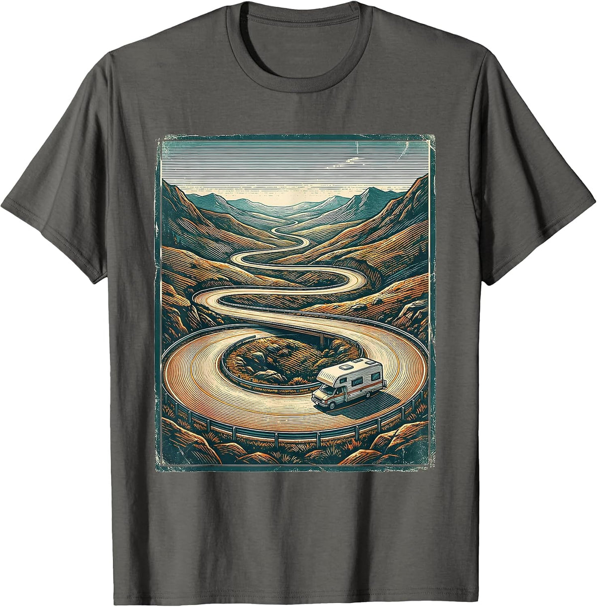 Retro Van Life Scenic Road Trip Camper Van Nostalgia T-Shirt - Asphalt Grey
