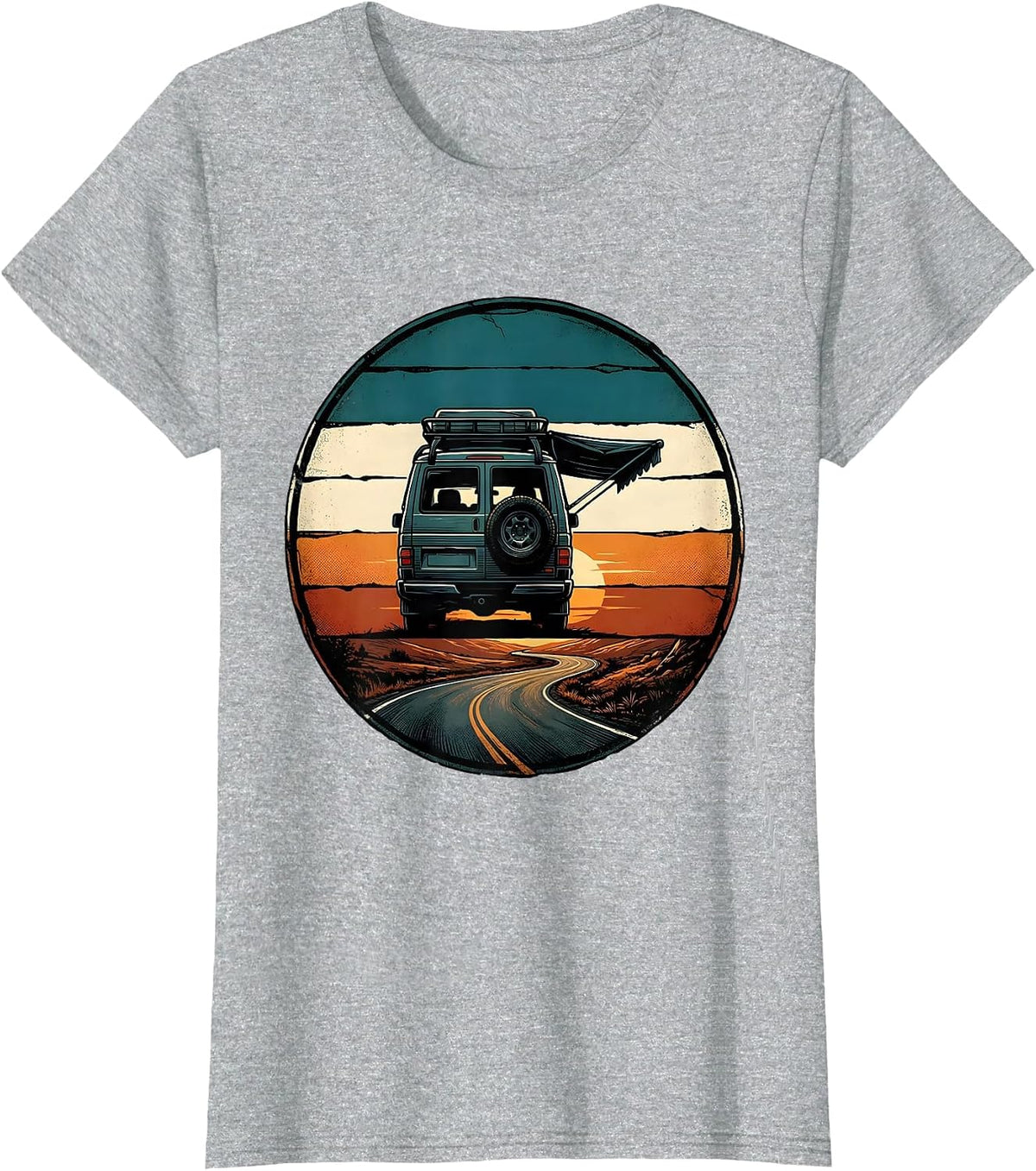 Retro Camper Van Life Road Trip Badge T-Shirt - Heather Grey