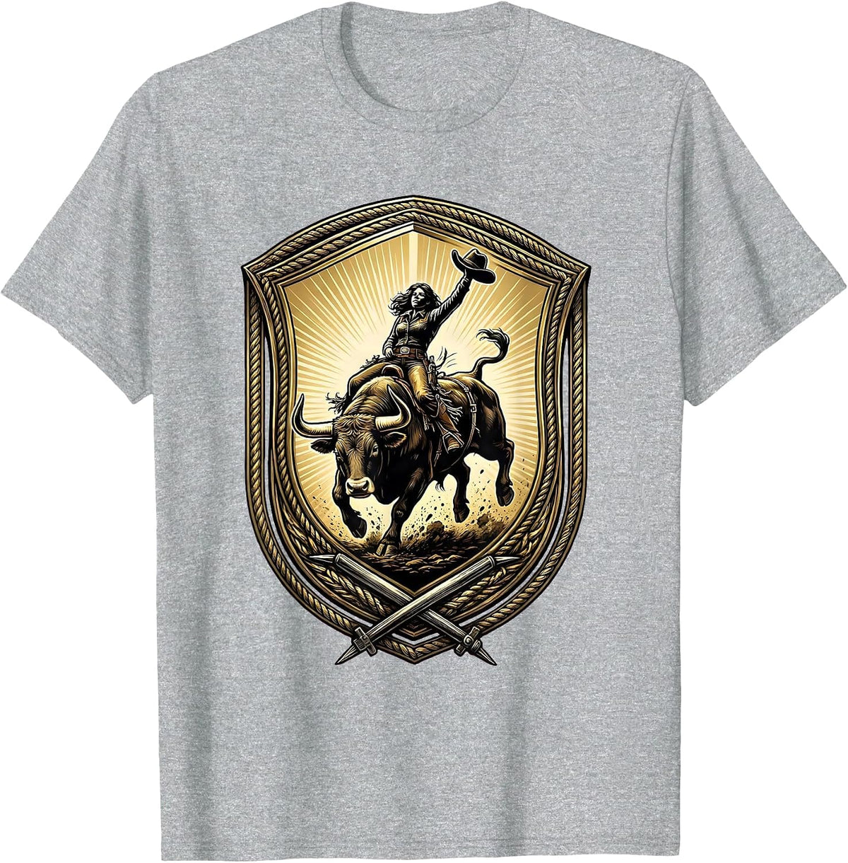 Men's Cowgirl Bucking Bull Rodeo Graphic Tee T-Shirt - Heather Grey