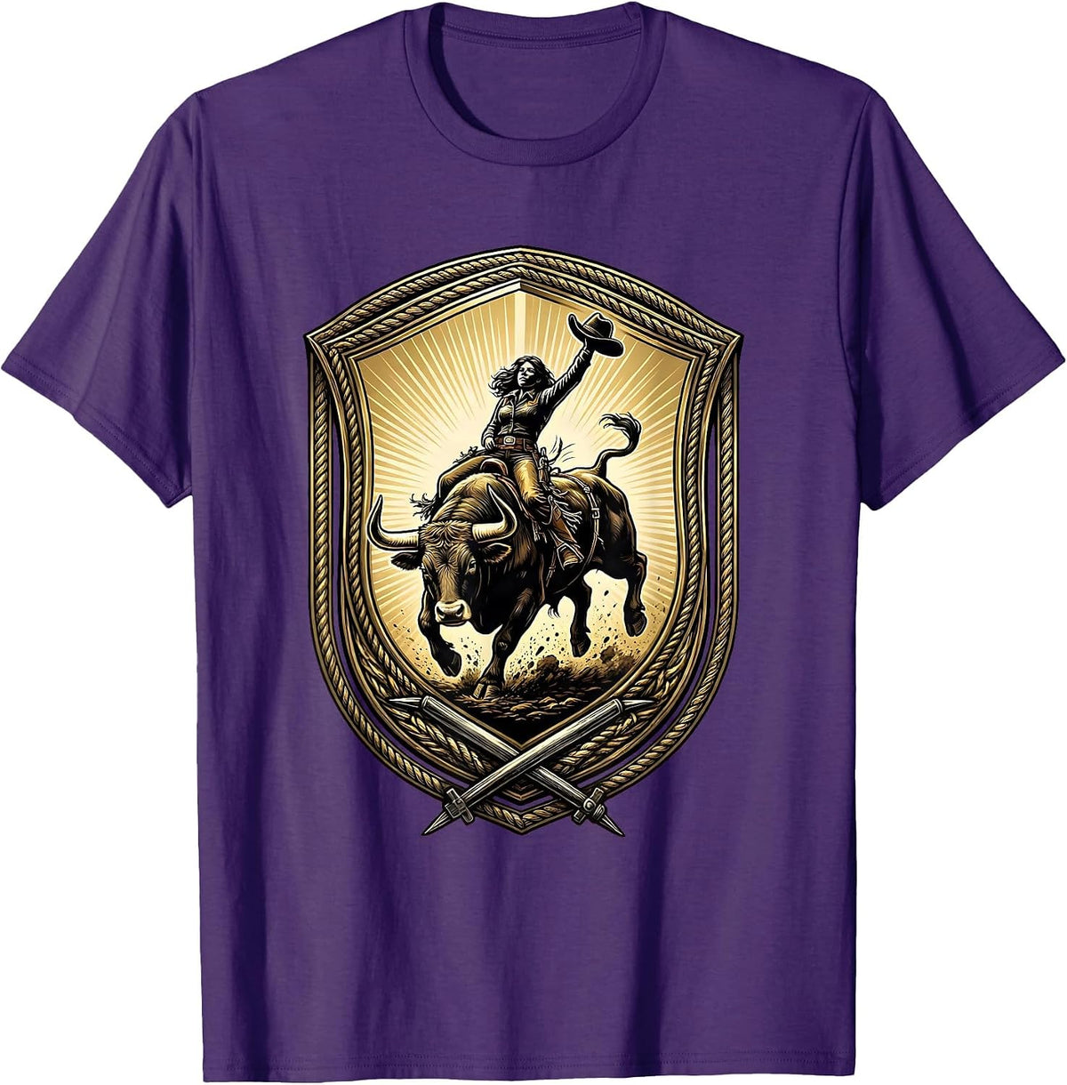 Men's Cowgirl Bucking Bull Rodeo Graphic Tee T-Shirt - Purple