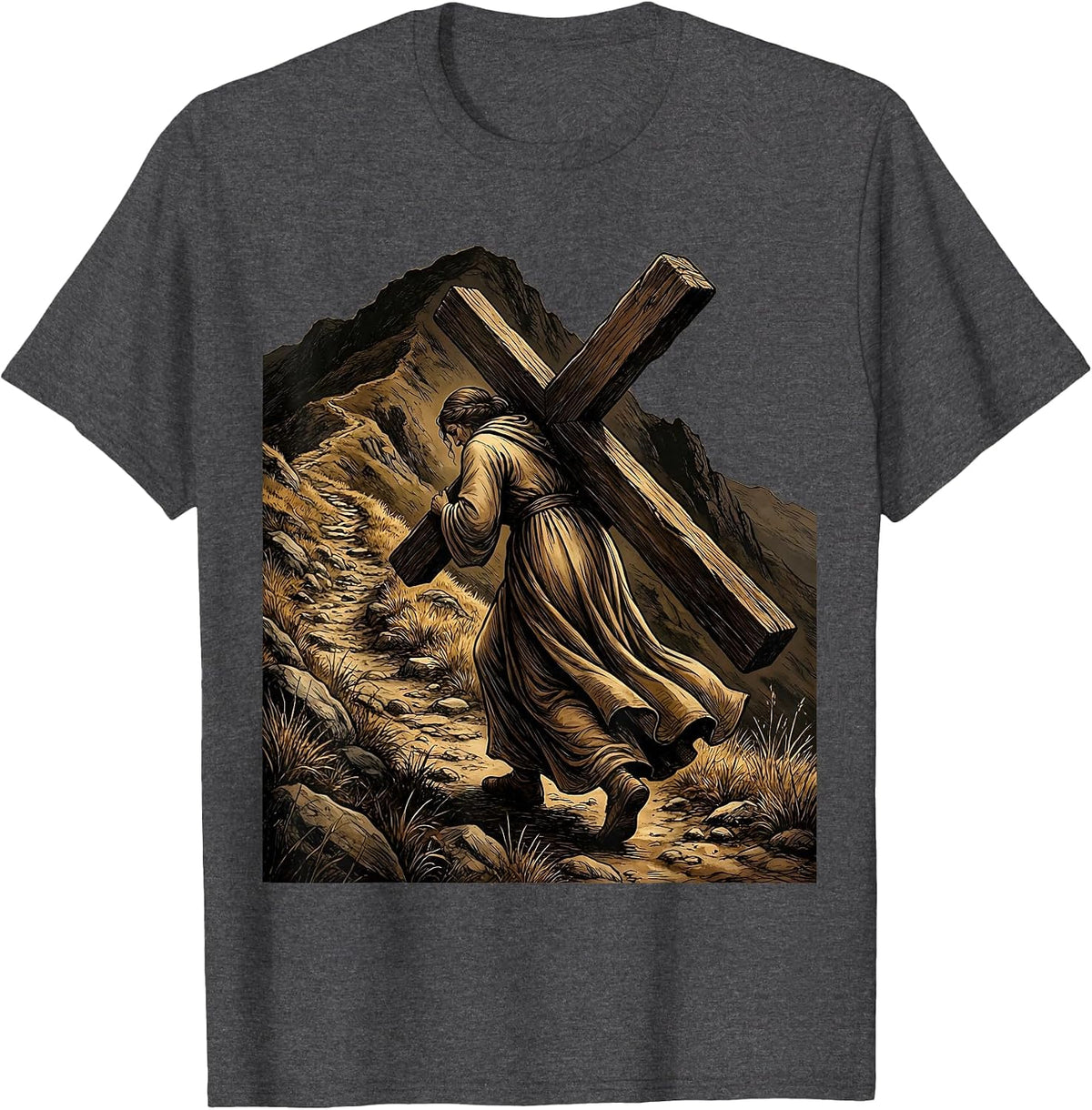 Woman Carrying Cross Up Hillside Christian Art T-Shirt - Dark Heather Grey