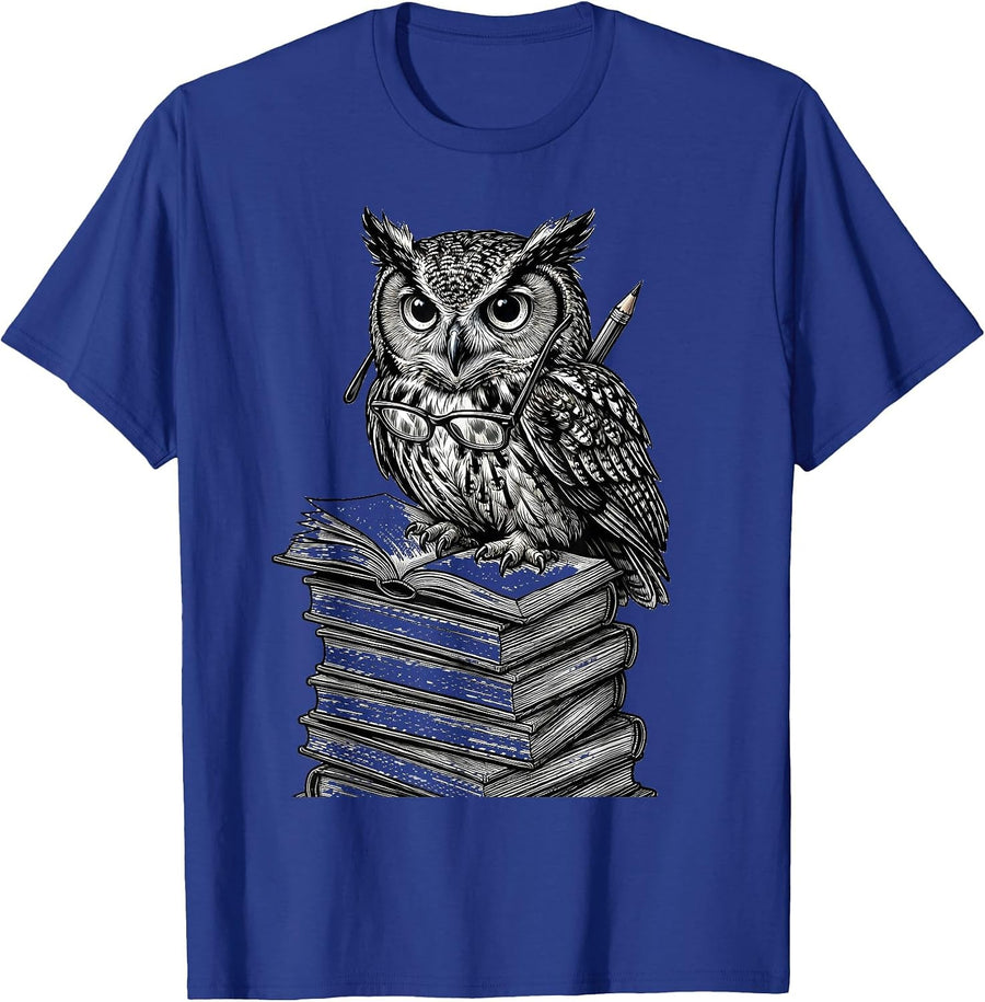 Owl on Stack of Papers English Teacher Gift T-Shirt - Royal Blue