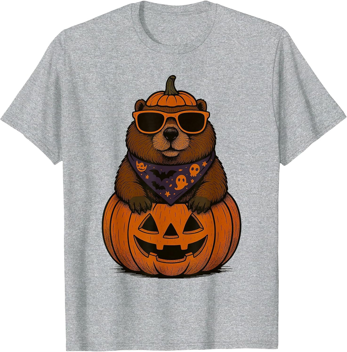 Spooky Groundhog Pumpkin Halloween T-Shirt - Heather Grey