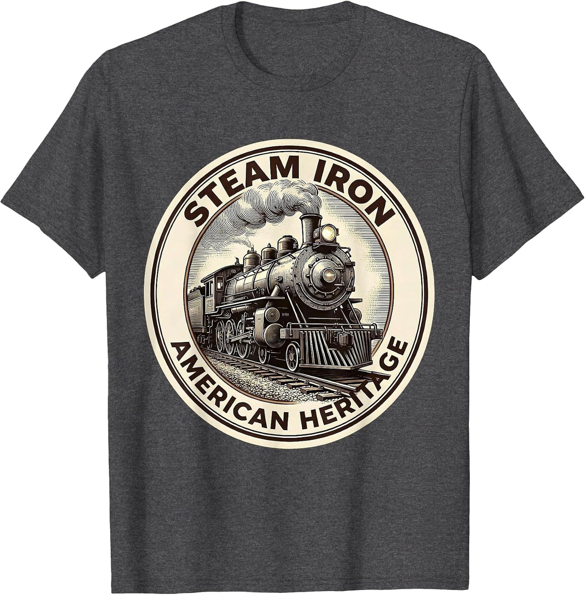 Men's Steam Iron American Heritage Vintage Steam Locomotive Train T-Shirt - Dark Heather Grey