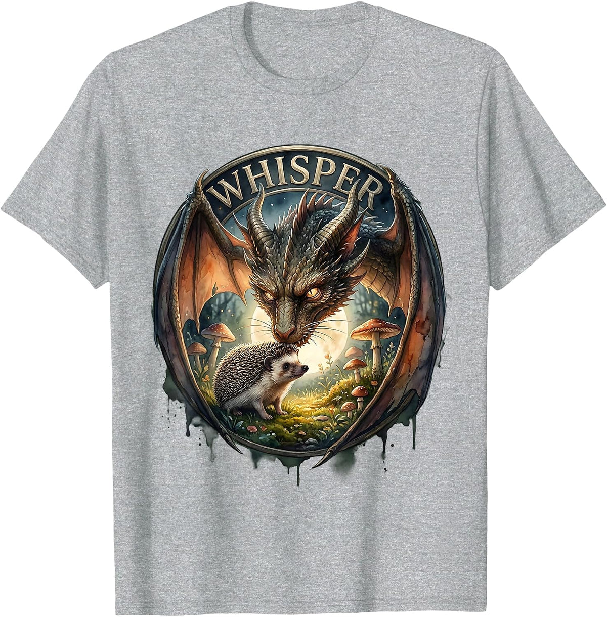 Men's Whisper Watercolor Dragon Cat Nose Boop Full Moon Fantasy T-Shirt - Heather Grey