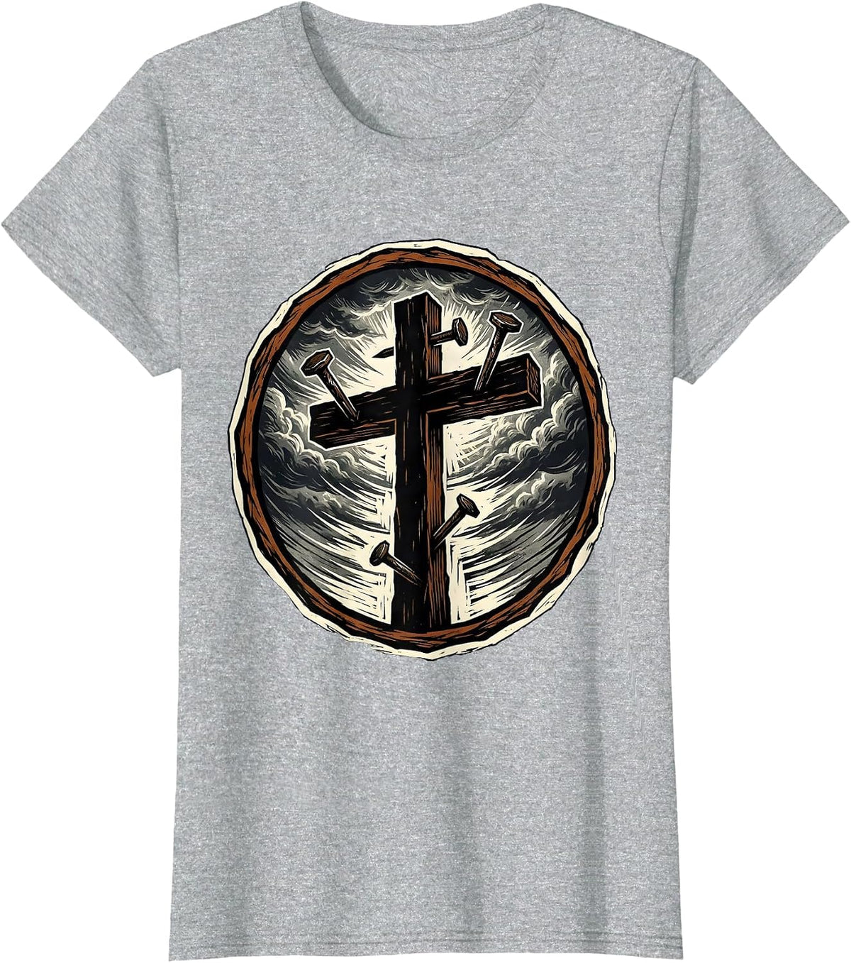 Women's Three Nails Cross Stormy Sky Graphic Design T-Shirt - Heather Grey