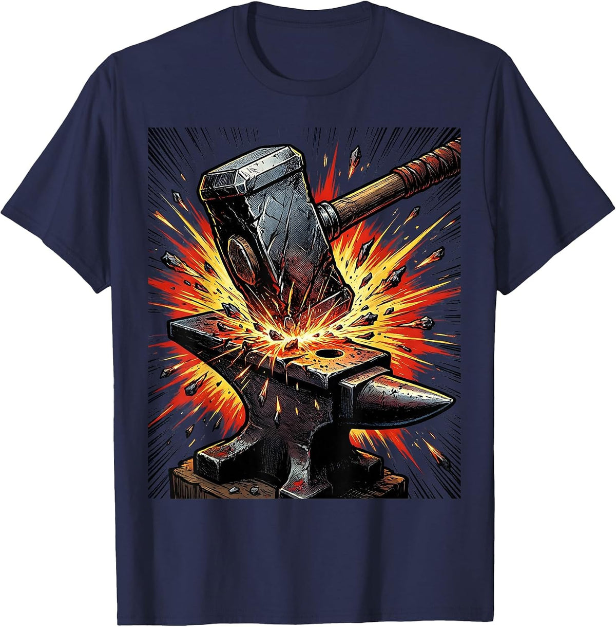 War Hammer Anvil Sparks Metal Band Graphic T-Shirt - Navy Blue