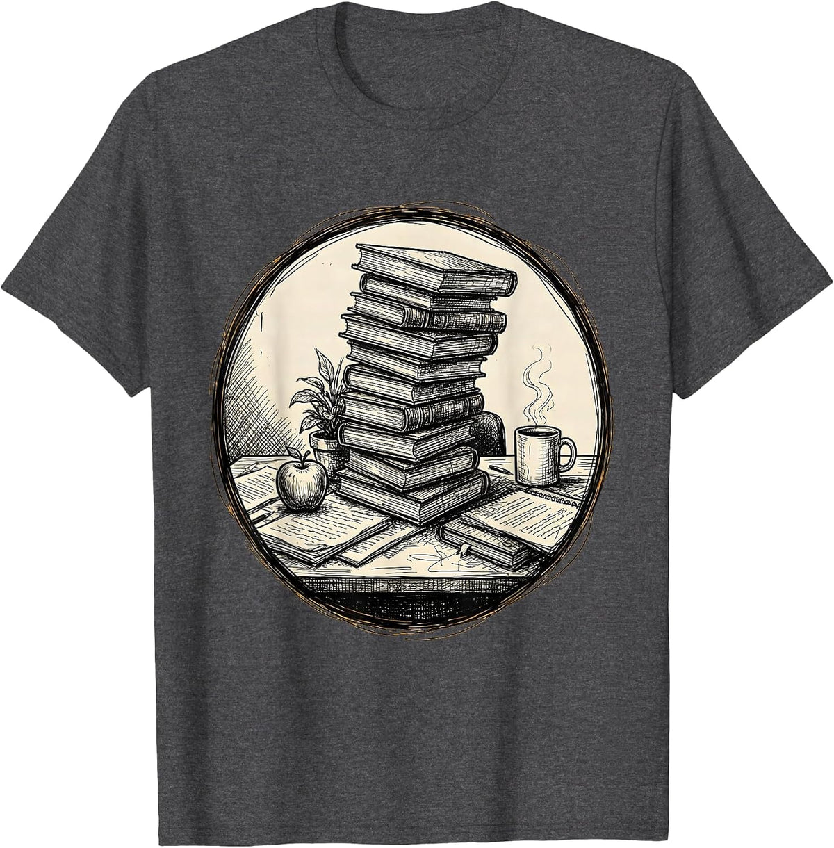 5th Grade Teacher Buried Books Desk Graphic T-Shirt - Dark Heather Grey