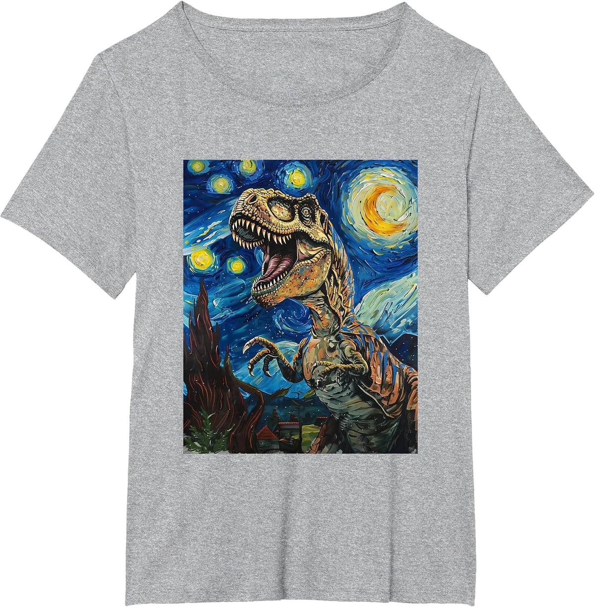 Trex Dinosaur Dino Van Gogh Style Starry Night Graphic T-Shirt - Heather Grey